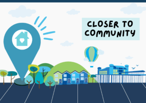 Text saying 'closer to community' with icons of Bristol, North Somerset and South Gloucestershire